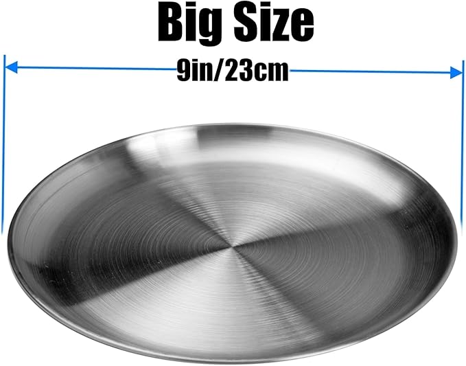Stainless Steel Plates 9 inch 304 Metal Lightweight Unbreakable Dinner Dishes Plates Set Non-Toxin Dishwasher Safe BPA Free and Healthy (10 Pcs)