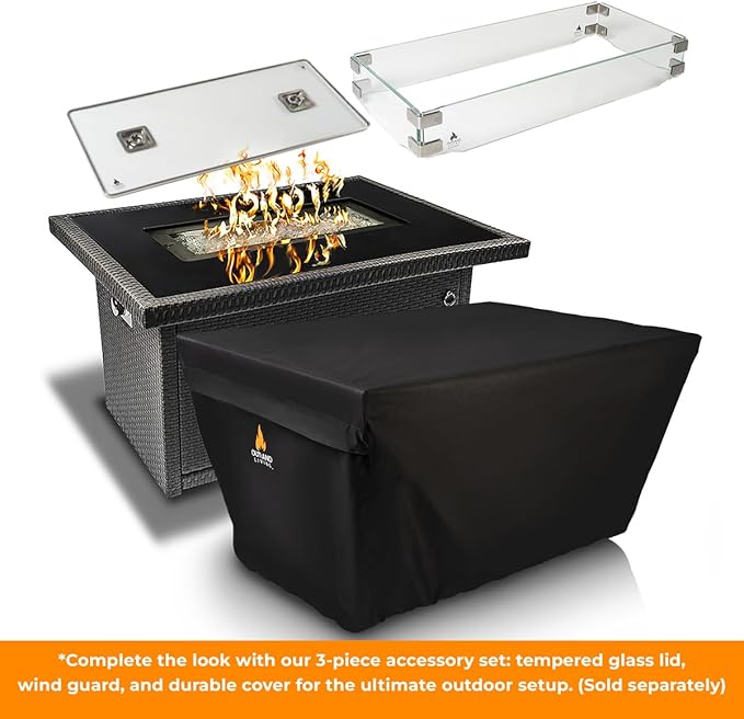Outland Living Series 403 Fire Table – 44" 50,000 BTU Outdoor Propane Gas Fire Pit Table with Tempered Glass Top & Arctic Ice Decorative Glass Rocks, Slate Grey