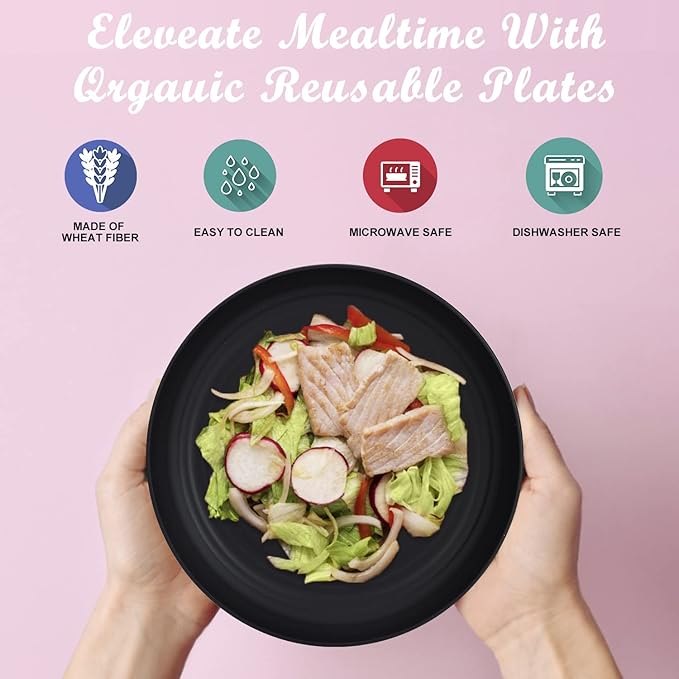 Wheat Straw Dinner Plates - 9 Inch Unbreakable Set of 8 - Dishwasher & Microwave Safe Reusable Plates - Lightweight for Kitchen & Camping (Classic Series)