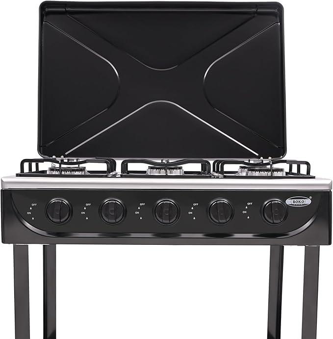Natural Gas 5-Burner Outdoor Stove, Portable with Windshield, 2 Placement Boards, Ideal for Camping, Fishing, RV Travel