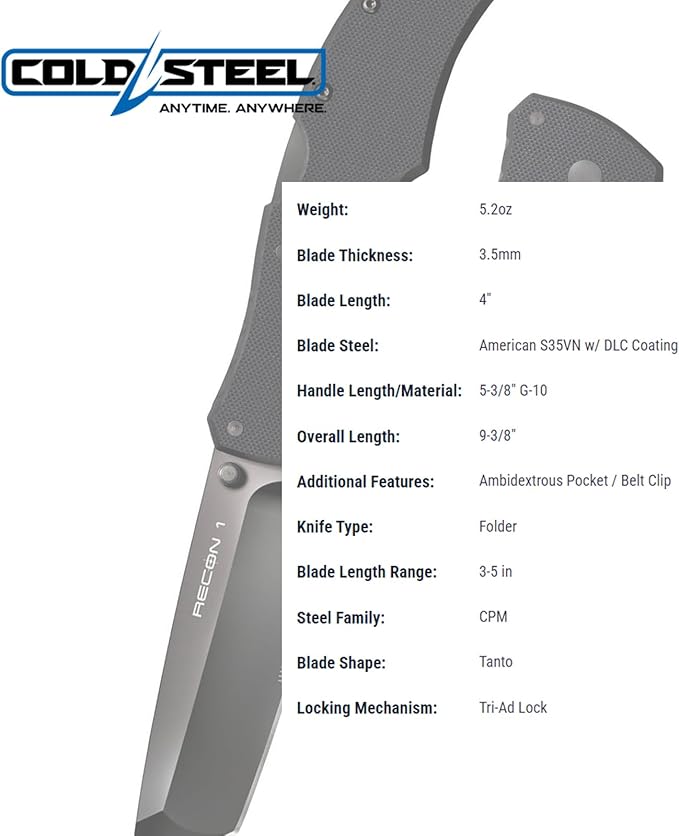 Cold Steel Recon 1 4" S35VN Razor-Sharp Blade 5.375" G-10 Handle Tactical Folding Knife w/Tri-Ad Lock, Ambidextrous Pocket/Belt Clip