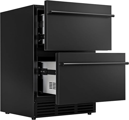 24 Inch Under Counter Fridge, Outdoor Refrigerator with Dual Drawers, Stainless Steel Door, Fast Cooling, Low Noise, Grid Organizers, Drawer Fridge for Home, Outdoor & Commercial (Black)