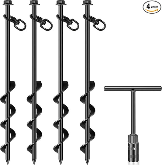 Hiboom Ground Anchor Screw Heavy Duty Earth Anchors Tent Stakes for High Wind with T Handle Hex Wrench Trampoline Hook Ground Stakes for Camping Canopies Car Ports Sheds