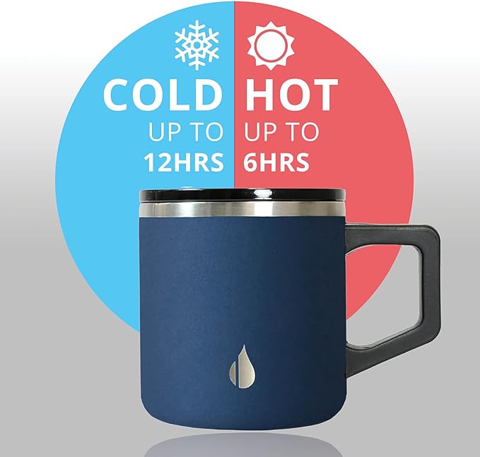 Elemental Insulated Coffee Mug - Triple-Wall Stainless Steel Summit Travel Cup for Hot and Cold Drinks - Thermal Coffee Mug with Lid and Handle for Camping, Office & Travel 12oz - Navy Blue