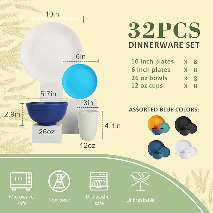 Wheat Straw Dinnerware Set of 32,Unbreakable Dinner Plates and Bowls Dishes Sets Service for 8,Dishwasher Safe Dinnerware Sets for Kitchen and Camping.Island Series