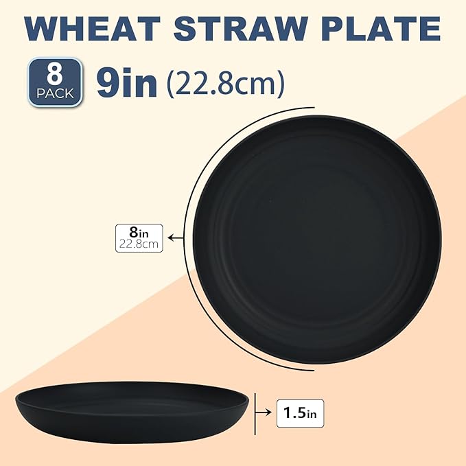 Wheat Straw Plates - 9 Inch Unbreakable Dinner Plates Set of 8 - Dishwasher & Microwave Safe Plastic Plates Reusable - Lightweight Plate for kitchen,camping (pure black)