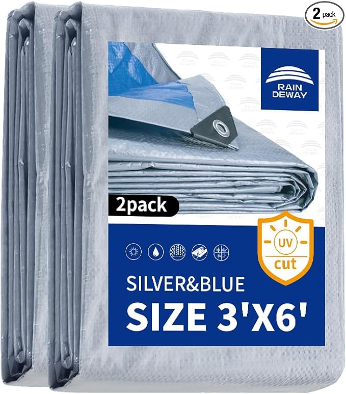 RAINDEWAY Small Tarps Waterproof 3x6 Feet（Pack of 2） 5.5 Mil Thick, Multipurpose Waterproof Poly Tarp Cover，Camping Tarpaulin Silver/Blue Tarp Finished Size