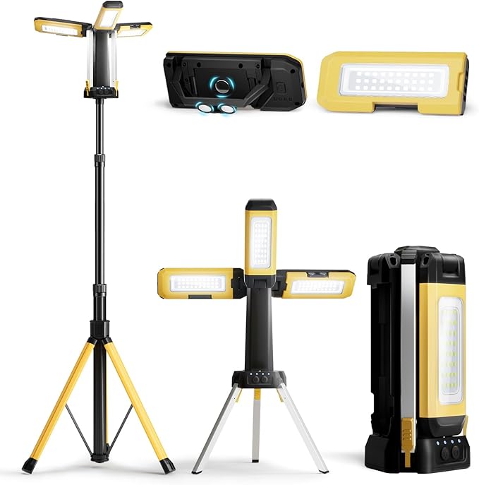 10000mAh Rechargeable Camping Light with Stand 5.6 ft Max Height, with 2 Detachable Lamp Panels, Cordless Led Work Light, Camping Garage Workshop Car Repair