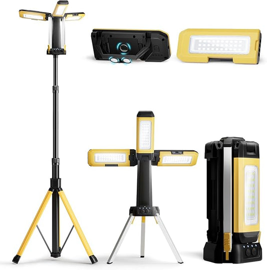 10000mAh Rechargeable Camping Light with Stand 5.6 ft Max Height, with 2 Detachable Lamp Panels, Cordless Led Work Light, Camping Garage Workshop Car Repair