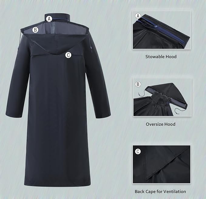 RainRider Raincoat for Men Waterproof Long Rain Jacket with Stowable Hood Lightweight Rain Gear Poncho for Unisex