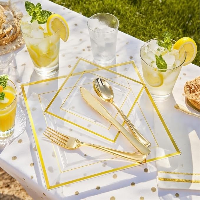 Festiva 350Pcs Clear Plastic Plates with Gold rim - Clear Gold Disposable Dinnerware for 50 Guests include 100 Square Plastic Plates 50Cups 50Cutlery 50Napkins Perfect for Thanksgiving Party&Wedding