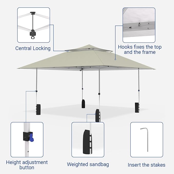 Favofamilie13x13 FT Pop Up Canopy, Instant Setup Gazebo with Wheeled Carry Bag, 4 Sandbags & 4 Ropes, UV-Resistant Top, Heavy Duty Outdoor Shelter for Backyard Camping Events, Khaki