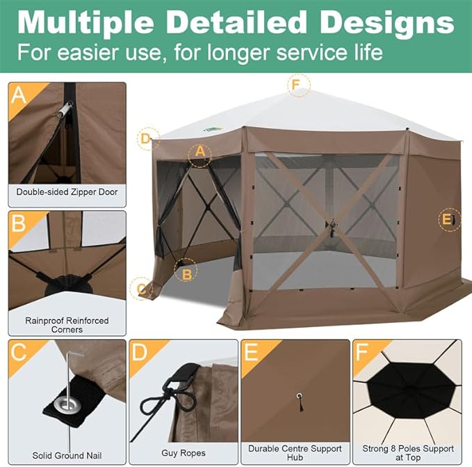 COBIZI 15x15ft Extra Large Pop-Up Gazebo Canopy Tent with Mosquito Netting, Spacious Easy Set-Up Screened Shelter, Durable Outdoor Pavilion with Ground Stakes, Perfect for Patio, Backyard, Brown