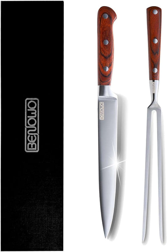 Benowo Carving Knife Set 2-Piece, 8-inch Turkey Carving Knife and Fork Set Stainless Steel Kitchen Knife for Steak, Hibachi Knife and Fork, BBQ Carving Fork with Gift Box – Designed in USA