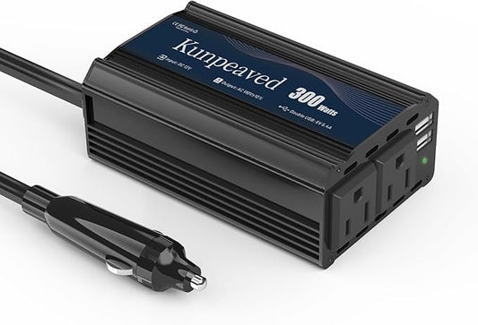 300W Power Inverter DC 12V to 110V Car Charger Converter with Dual USB Ports and 2 AC Outlets for Air Compressor Laptops, Road Trip Accessories (Black)