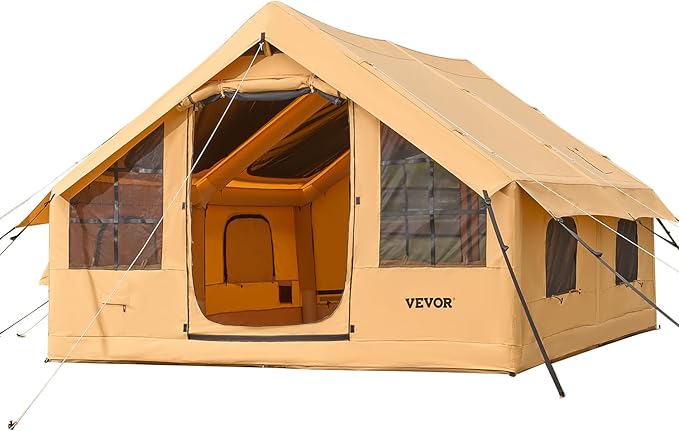 VEVOR Inflatable Tents for Camping, Easy Setup Blow up Tent with Hand Pump, 4 Season Glamping Tent with Stove Jack, Doors & Mesh Windows, Storage Bag Included for Easy Taking