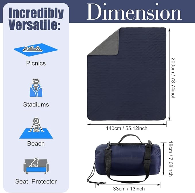 Tranqun 2 Large Outdoor Blanket 78'' x 55'' Quilted Windproof Waterproof Fleece Sandproof Stadium Foldable Warm Blanket for Camping Picnic Sporting Events Cold Weather (Navy Blue)