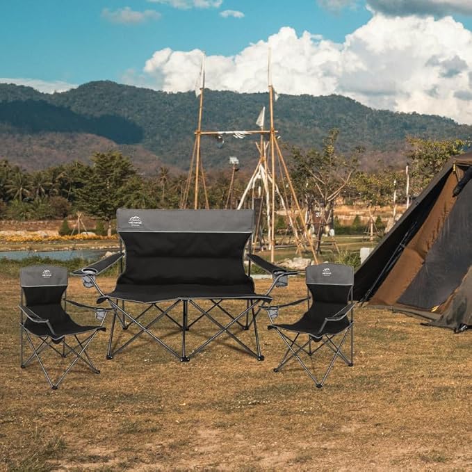 3 Piece Portable Camping Chairs Set,Folding Lawn Chair Set with Cup Holder,Outdoor Heavy Duty Comfy Chairs,Loveseat Chair Perfect for Family Hiking,Picnics and Beach Trips,Black