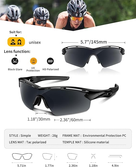 Rosemal Sports Sunglasses Polarized Cycling Sunglasses Running Driving Fishing Hiking for Men Women UV400 TAC TR90