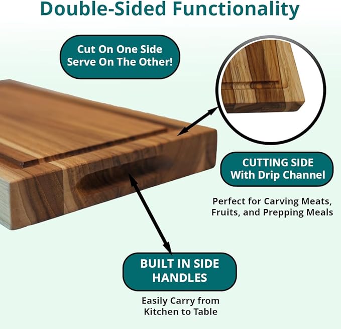 EcoDecors, Teak Cutting Board 10"x6", Reversible Compact Teak Wood Edge Grain Cutting Board with Juice Groove, Small Wooden Board for Bar, Garnish, Snack, Cheese, or Gift, FSC Certified