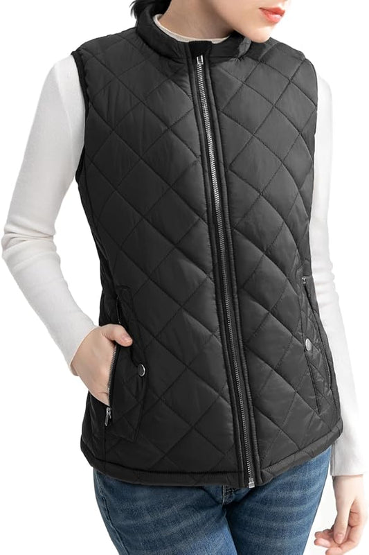 Women's Vest, Quilted Puffer Water-Resistant Zip With Pockets