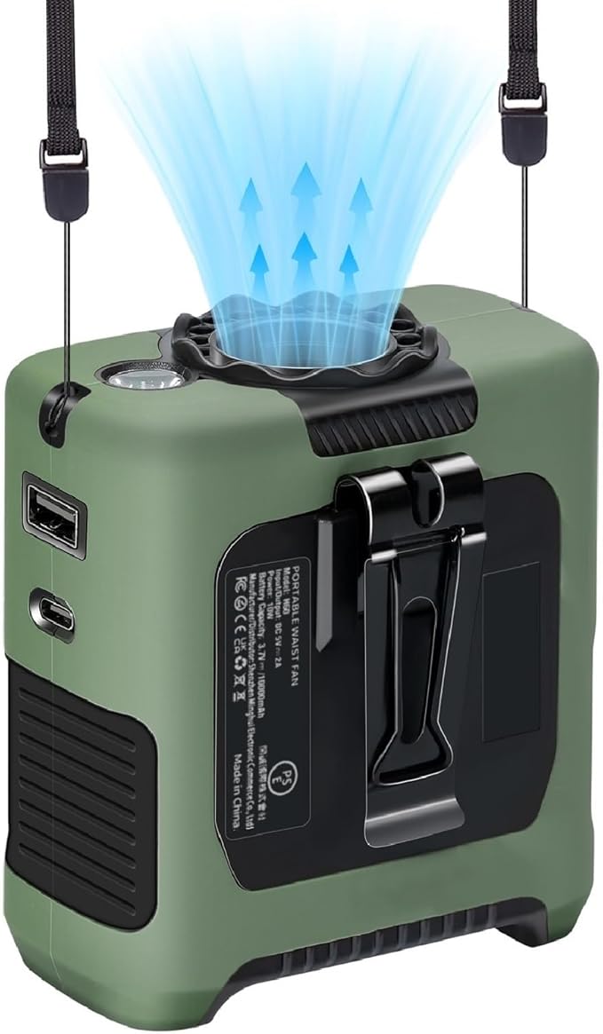 Portable Fans Strong Airflow Personal Waist Fan with Max 40H Runtime Hands Free Neck Fans Wearable Belt Fan for Outdoor Jobsite Camping and Traveling 5 Speeds USB-C Rechargeable 10000mAh (Green)