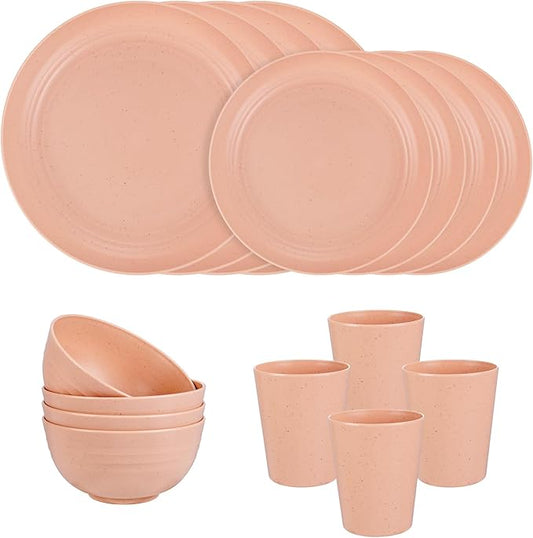 Rubtlamp 16Pcs Plastic Wheat Straw Dinnerware Set, Reusable Plastic Plate Set for 4, Kitchen Plates And Bowls Set (Orange Pink) for Daily, Camping
