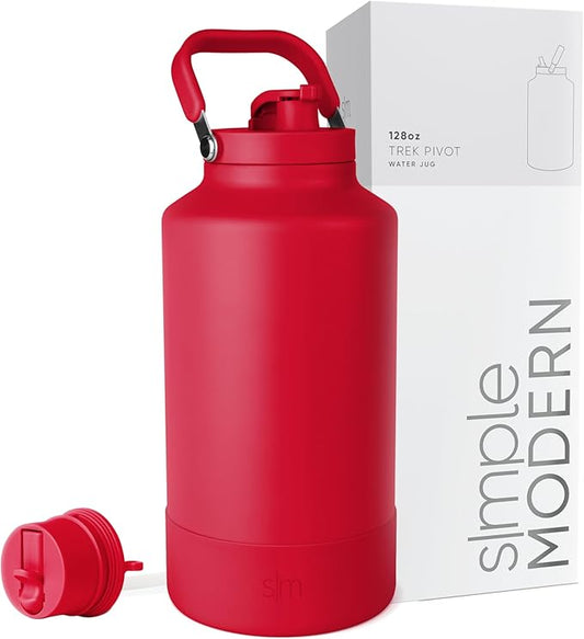 Simple Modern Trek Pivot | Gallon Water Bottle Jug with Handle & Boot | Interchangeable Straw & Chug Lids | Large Insulated Stainless Steel | Sports Camping Outdoors | 128oz, Ember Red