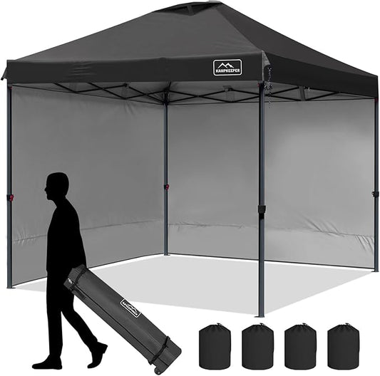 KAMPKEEPER 10x10 Pop Up Canopy Tent with 2 Sidewalls, Beach Tent - Easy Outdoor Sun Shade for Events, Parties, Camping - Gazebo with 4 Weight Bags & Carry Bag. (Black)