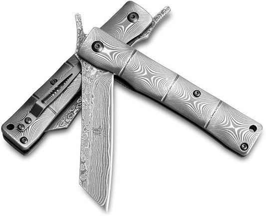 KATSU Handmade Full Damascus Pocket Knife,3" Damascus Blade Bamboo Style Men Women Folding Knife with Clip Linner Lock, Japanese Razor Work Knife with Leather Sheath Camping Hiking