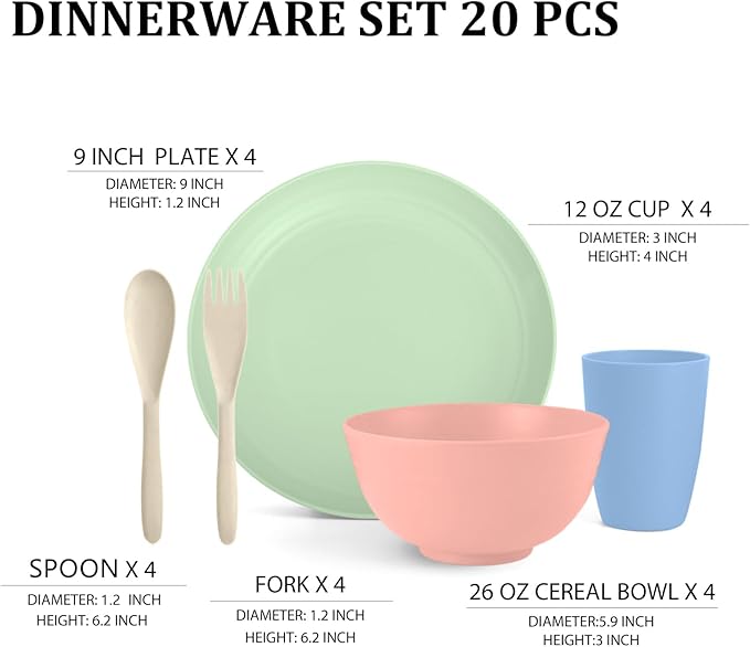 Wheat Straw Dinnerware Sets, Service for 4, Kitchen Plates and Bowls Sets with Dinner Plate/Cereal Bowl/Cup/Fork/Spoon, 20-Piece for Outdoor Camping, RV, Apartment Essentials - Colorful