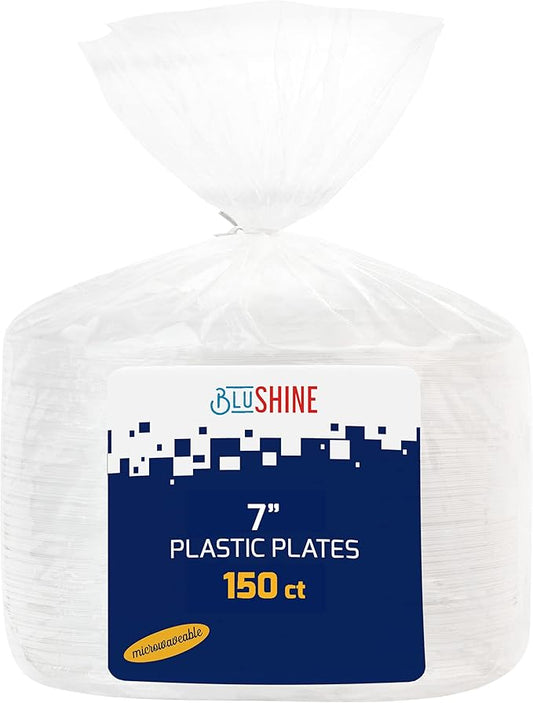 150 Pack - 7 Inch White Plastic Plates Disposable Strong and Sturdy
