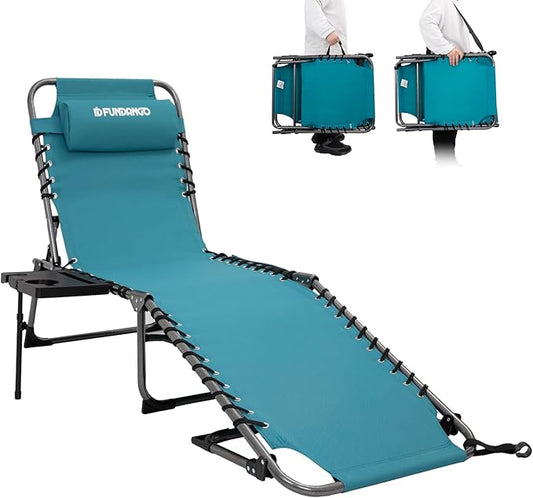 FUNDANGO Folding Chaise Lounge Chair Outdoor, 5 Positions Foldable Beach Lounges Chairs for Adults with Side Table & Pillow for Outside Tanning Pool Camping Patio Lawn (Cyan)