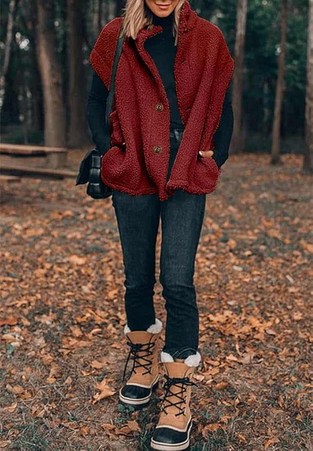 Hongqizo Womens Fuzzy Fleece Vest Casual Oversized Warm Button Down Sherpa Vest Jacket with Pockets