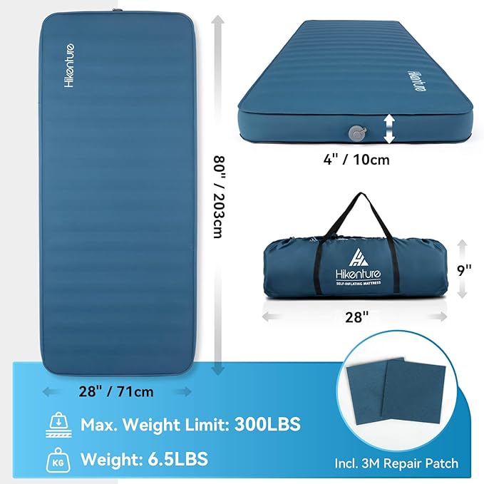 Hikenture 4 INCH Thick Self Inflating Sleeping Pad 9.5 R Value, Comfort Plus Camping Mattress with Pump Sack, Inflatable Foam Insulated Camping Pad, Camping Mat 4-Season