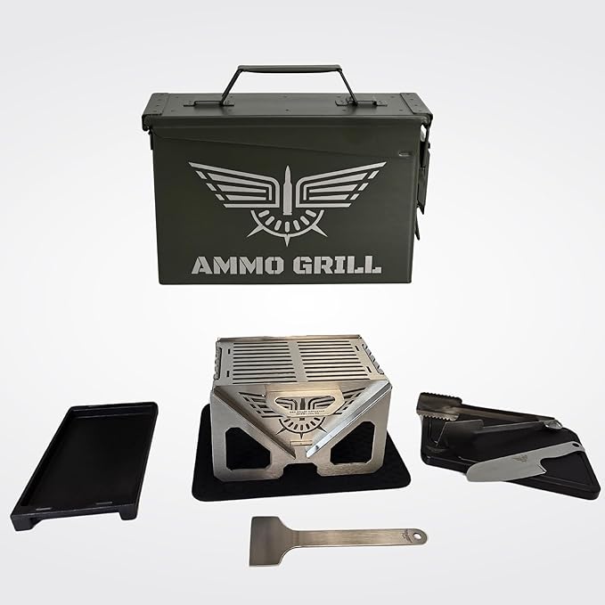 Ammo Can Grill – Field Cook Set | Portable Charcoal Grill Kit with 1" Cast Iron Pan, Cutting Board, Knife & Tongs | Fits in Ammo Can | Great for Camping, Tailgating, Outdoors