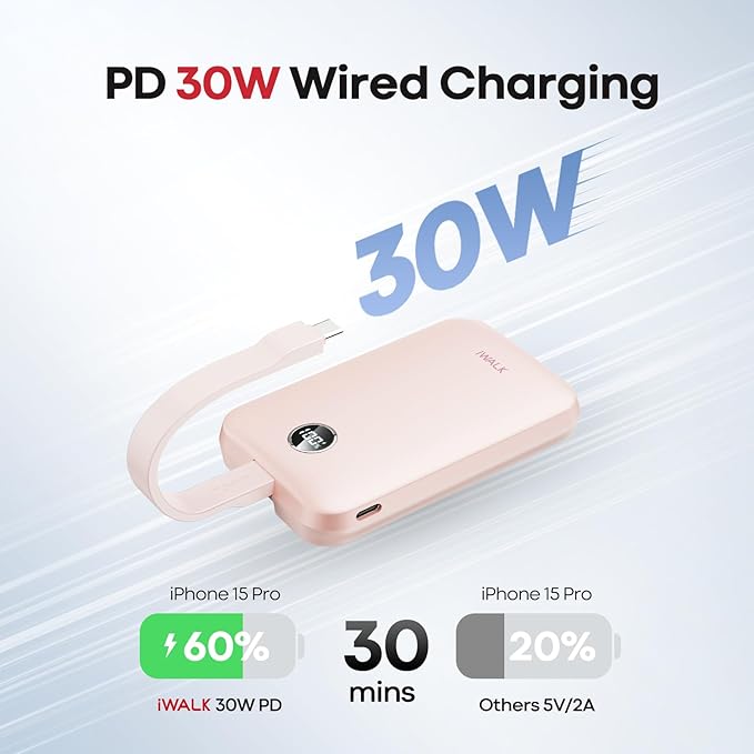 iWALK Magnetic Power Bank 10000mAh, 30W Wireless Portable Charger with Fast Charging USB-C Cable,Qi2 Certified 15W Battery Pack with LED Display for iPhone 16/16 Pro/15/14/13/12 Series, Samsung Galaxy