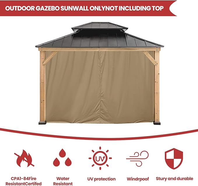 Coastshade Gazebo Pergola Canopy Panel Sidewalls Replacement 10ft Gazebo Pergola Privacy Panels Sidewall for Gazebos with 12Curtain Rings &12Rail Hooks, Khaki