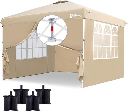 Sekey 10x10 Pop Up Canopy with 4 Sidewalls, One Push Setup Instant Outdoor Gazebo, Instant Easy Up Canopy with UPF50+ Top, 4 Weight Bags for Events, Beach, Patio, Camping