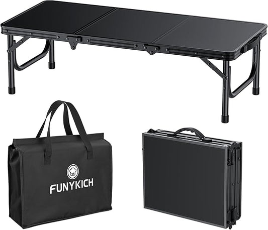 FUNYKICH 3ft Low Folding Picnic Table(34.2''x15.7''x10.3''), Thicker Aluminum Legs Beach Table with Handle & Carry Bag, Lightweight Small Camping Table for Picnic Beach Camping Party, Black