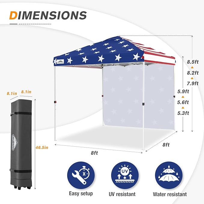 EAGLE PEAK Pop Up Canopy Tent with 1 Sidewall, Easy Setup Event Tent, Outdoor Sun Shade, Wheeled Carry Bag, Stakes and Guy Ropes, Instant Canopy 8x8, American Flag