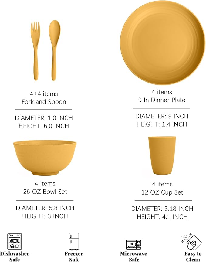 Wheat Straw Plates and Bowls Sets 20 Piece, Unbreakable Kids Dinnerware Sets for 4, Microwavable Plates, Bowls, Cups Set, Reusable Plastic Dishes Set for Camping, Kitchen, College (Yellow)