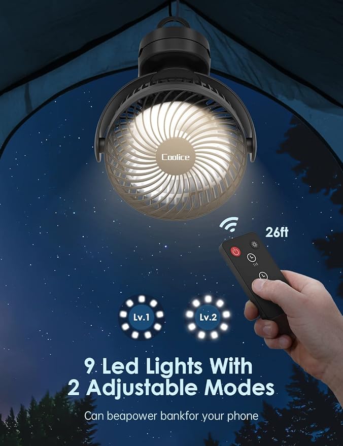 Camping Fan with Remote Control - 12000mAh Rechargeable Battery Powered Fan, Camping Fans for Tents with LED light & Hanging Hook, Rechargeable Battery Operated Ceiling Fans for Tent RV Bed, Black