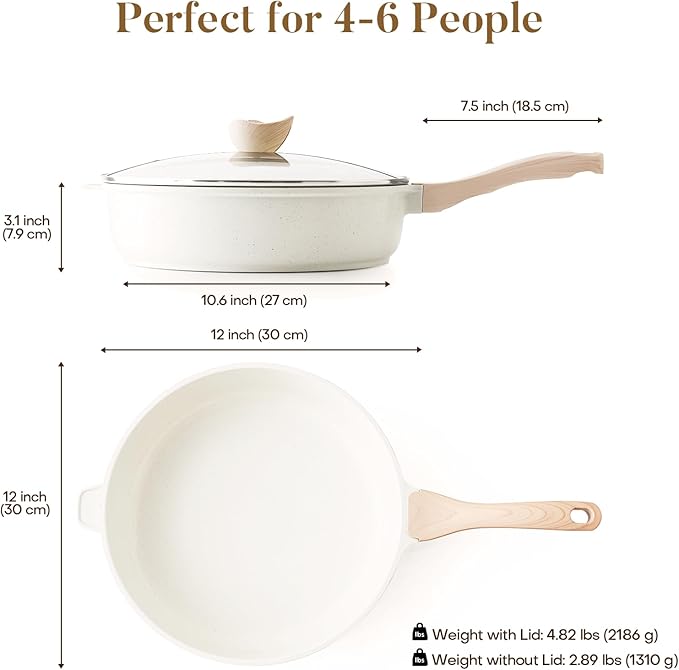Nonstick Ceramic Deep Frying Pan, 12 Inch Non Toxic Large Skillet with Lid, 5 Qt Healthy Jumbo Cooker, Saute Pan for Cooking, Induction Cookware, PFOA & PFAS Free (Cream)