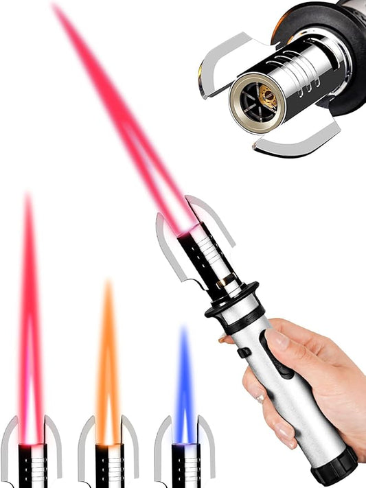 Torch Lighter, Refillable Butane Jet Flame Lighter with Adjustable Flame & Safety Lock, Windproof Gas Torch for Camping, BBQ, Fireplace, Candles, Cooking, Fireworks (Butane Not Included)