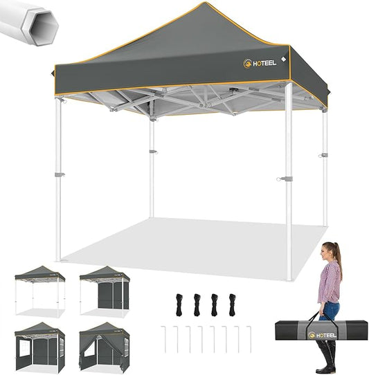 Hoteel 6.6 x 6.6 Pop up Canopy,Easy Up Heavy Duty Canopy with 4 Sidewalls,Upgrade Hexagonal Tube UPF50+ 1500mm Waterproof,Outdoor Canopy Tent with Carry Bag for Commercial Events,Beach,Camping,Grey