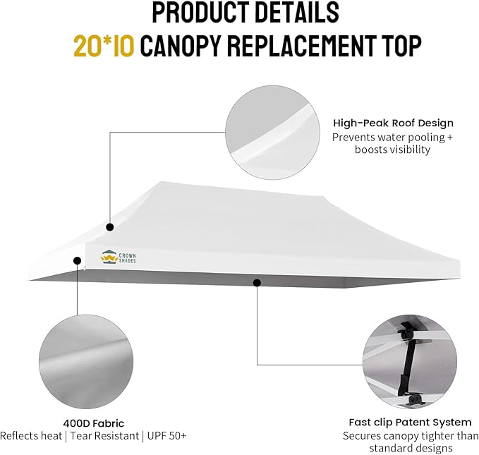 CROWN SHADES 10x20 Canopy Replacement Top - Only Compatible with Crown Shades M200B Series, Canopy Top Cover with Air Vent, White (Top Only)