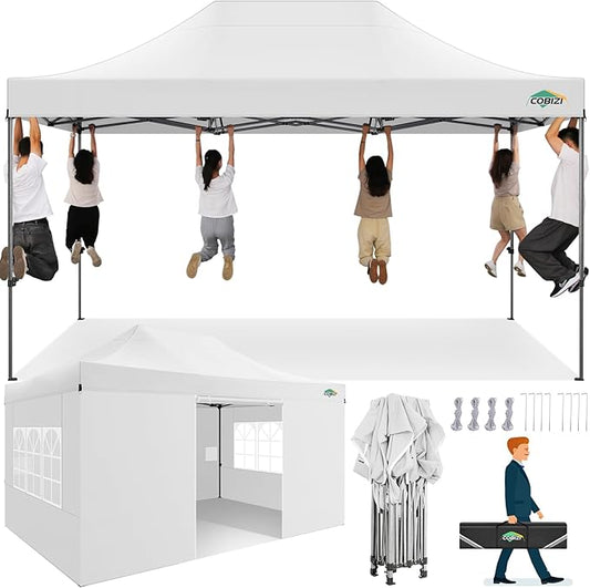 COBIZI 10x15 Heavy Duty Pop up Canopy Tent with 4 sidewalls Commercial Outdoor Canopy Wedding Party Tents for Wedding All Season Wind & Waterproof Gazebo with Carry Bag, White(Frame Thickened)