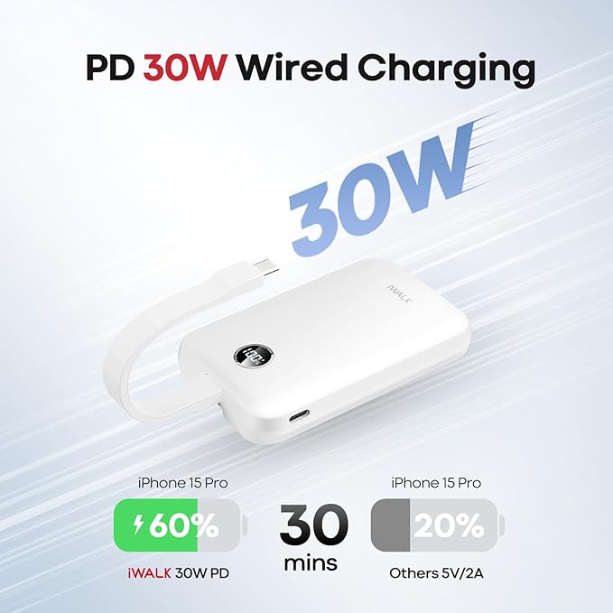 iWALK Magnetic Power Bank 10000mAh, 30W Wireless Portable Charger with Fast Charging USB-C Cable,Qi2 Certified 15W Battery Pack with LED Display for iPhone 16/16 Pro/15/14/13/12 Series, Samsung Galaxy