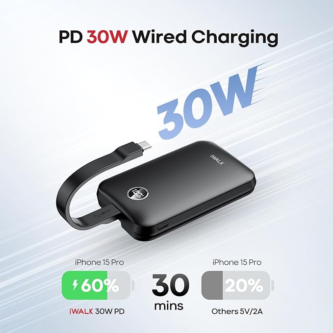 iWALK Magnetic Power Bank 10000mAh, 30W Wireless Portable Charger with Fast Charging USB-C Cable,Qi2 Certified 15W Battery Pack with LED Display for iPhone 16/16 Pro/15/14/13/12 Series, Samsung Galaxy